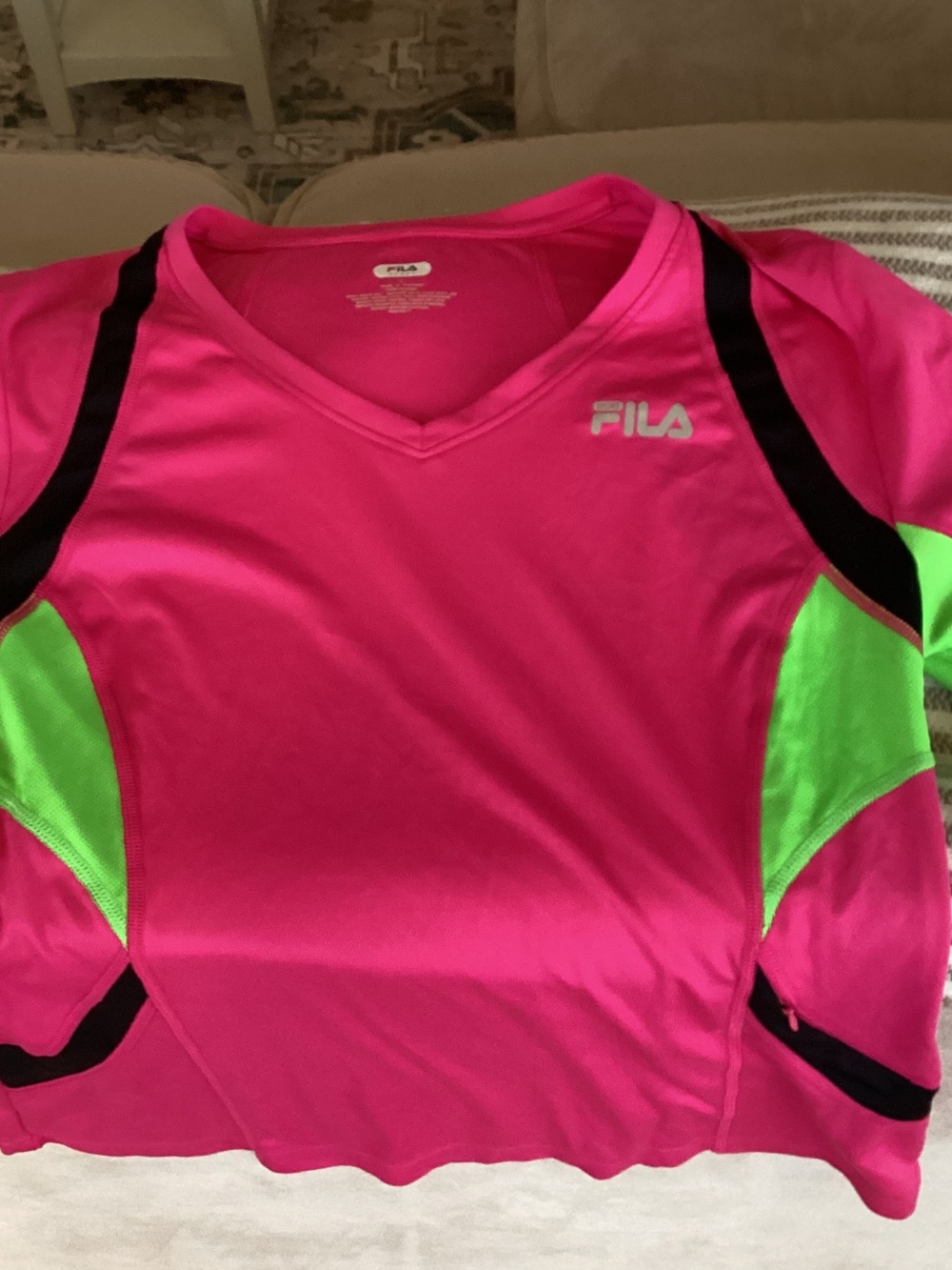 FILA Hot Pink V-Neck Athletic Top with Neon Green Panels